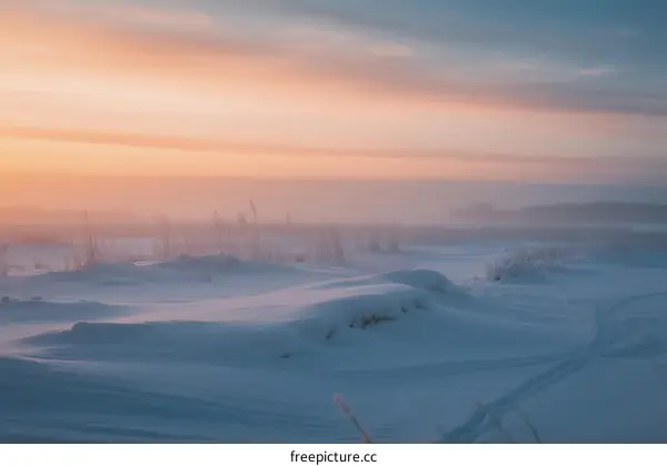 Dawn over snow-covered landscape with soft orange sky and frost