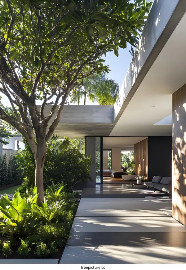 Modern Home Patio With Large Tree And Concrete Roof