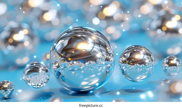 Spheres reflecting light rays on a blue surface