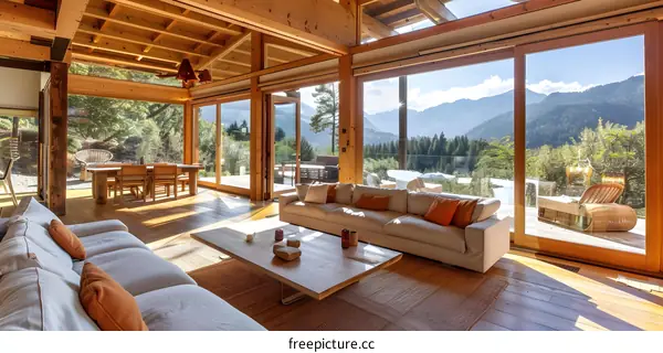 Modern Mountain View Living Room With Wooden Beams