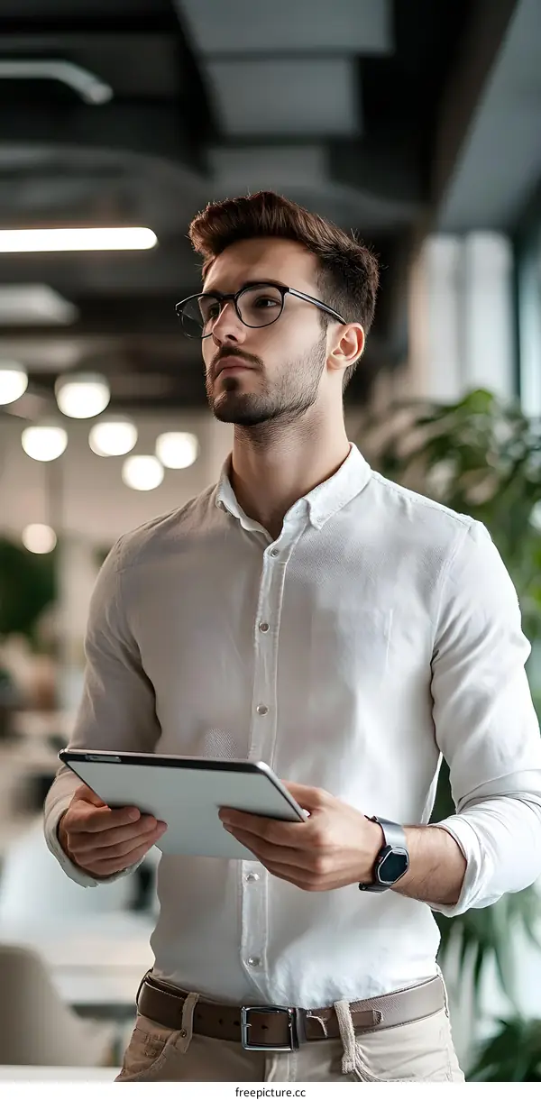 Young Man Using Tablet in Modern Office
