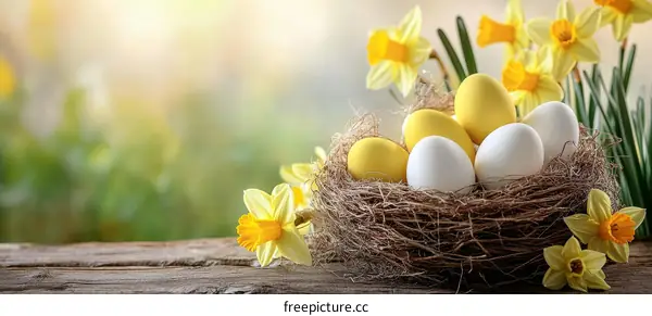 Easter Eggs in a Nest with Daffodils