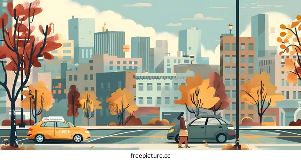 Autumn Day in the City with a Yellow Cab and a Woman Walking