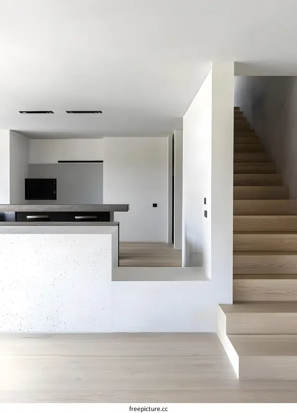 Modern Minimalist Interior Design With White Walls And Wooden Stairs