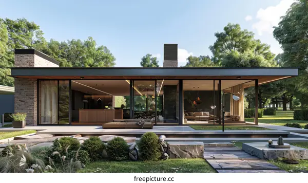 Modern House Exterior Design with Large Glass Windows and Stone Landscaping