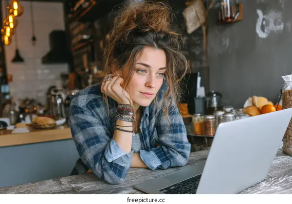 Woman Working on Laptop in Cafe Setting