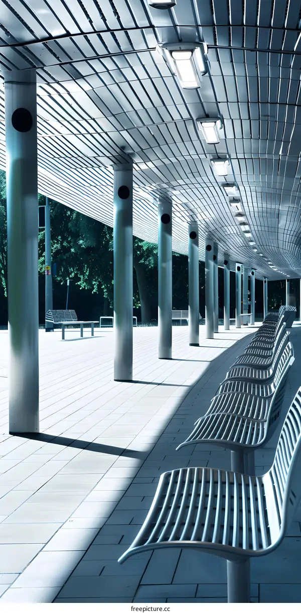 Modern Architecture with Metallic Grid Ceiling and Benches