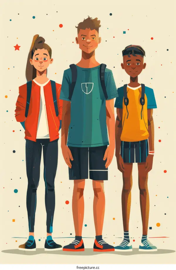 Three teenagers of different ethnicities wearing sporty clothes and backpacks