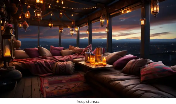 A cozy living space with a beautiful view of the city