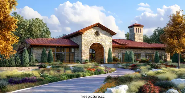Stone Building with Red Roof and Lush Landscaping