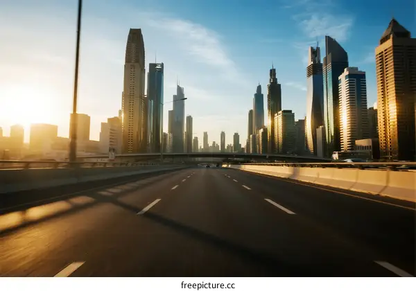 Modern city highway with tall skyscrapers under sunny sky