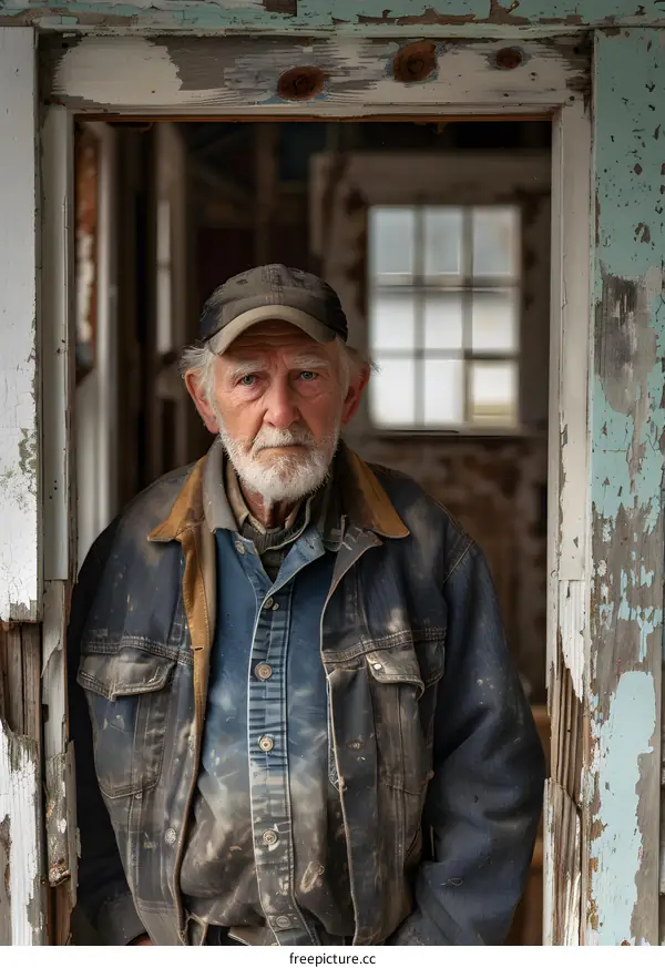 Portrait of an old man standing in a doorway