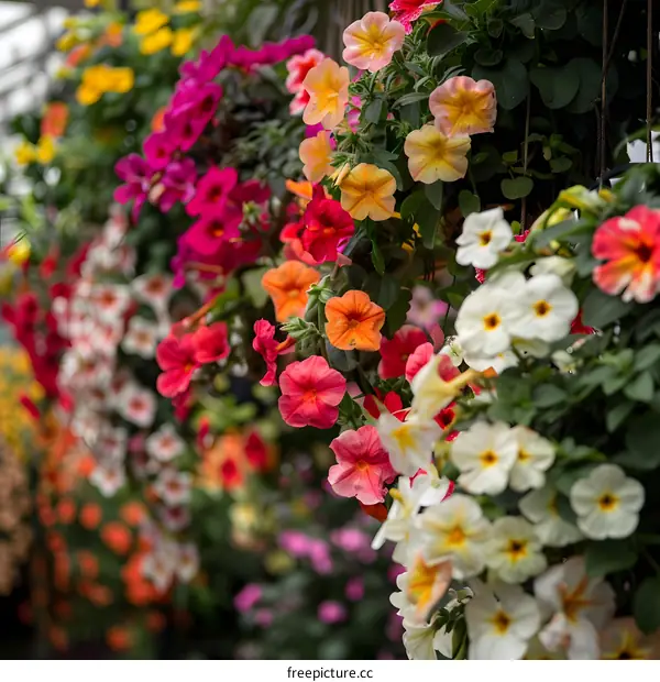 Colorful Hanging Flowers In A Garden