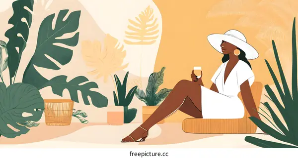 Tropical Summer Illustration With A Woman Holding A Glass of Wine