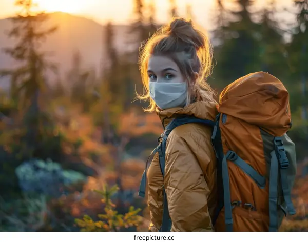 Young woman with mask on hiking trip in mountains at sunset