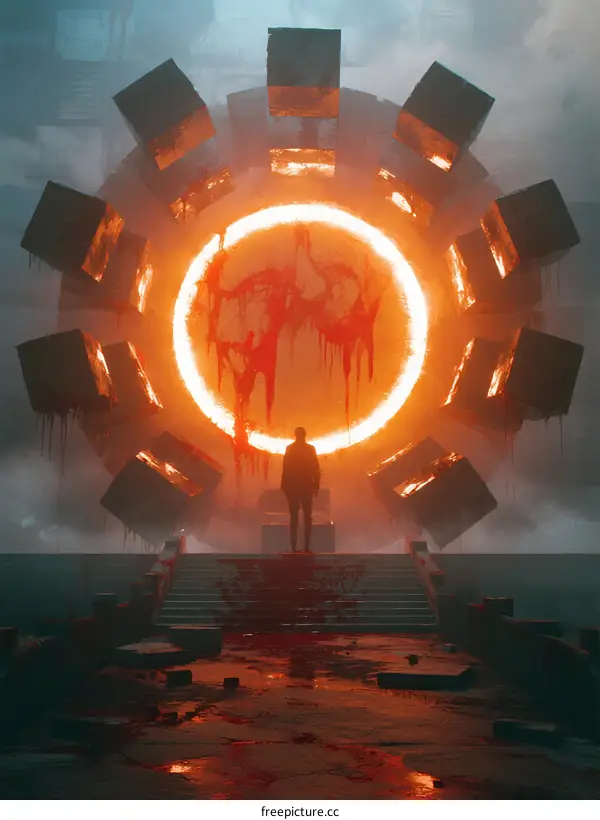 Mysterious Blood Red Portal Surrounded by Metallic Structure in Dark Environment