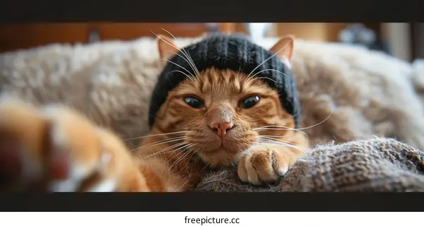 ginger cat wearing a black beanie