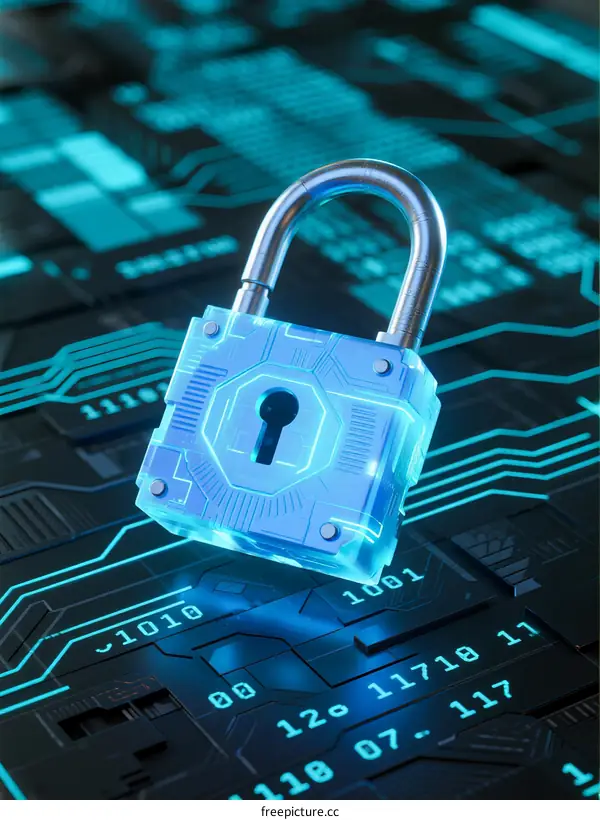 Digital Security Concept with Lock on Circuit Board Pattern