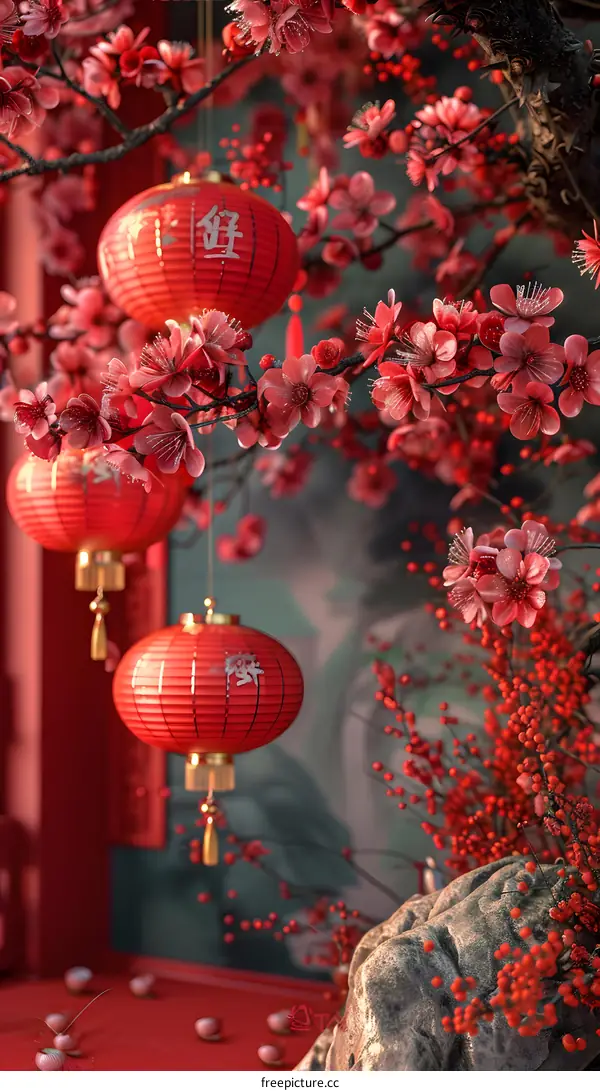 Red lanterns and cherry blossoms