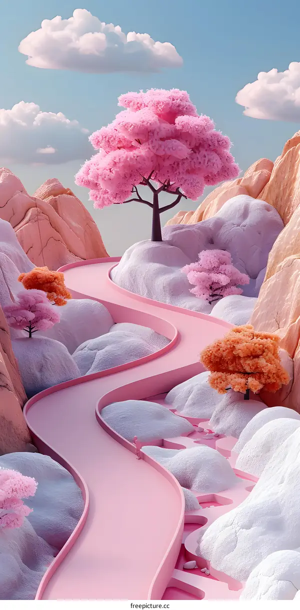 Pink Path Through a Dreamlike Landscape With Mountains, Trees, and Clouds