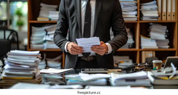 A businessman is looking at a document in his office.