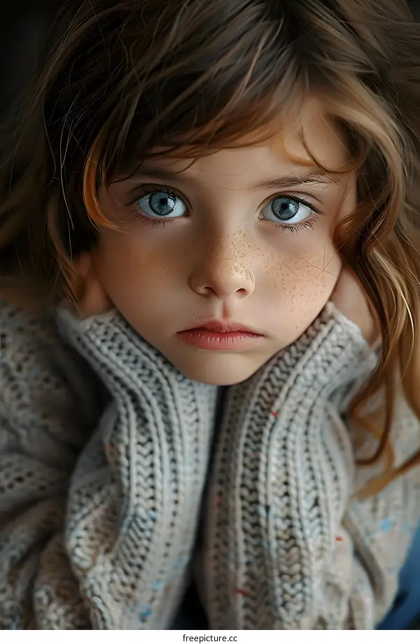 Portrait of a young girl with freckles and blue eyes