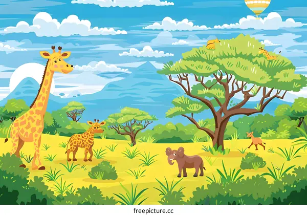 African Savanna Landscape With Giraffes, Elephant and Hot Air Balloon