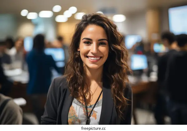 Portrait of a young woman smiling in a library