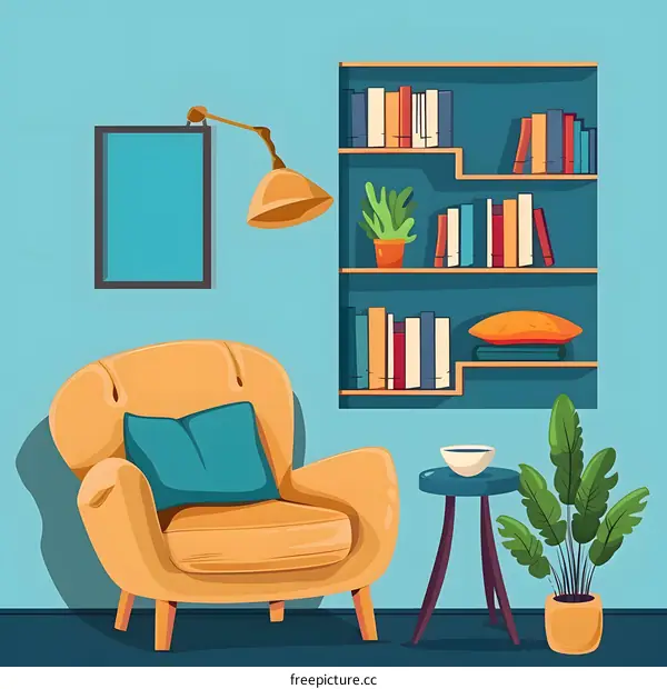 Cartoon Illustration of a Cozy Living Room with a Bookcase
