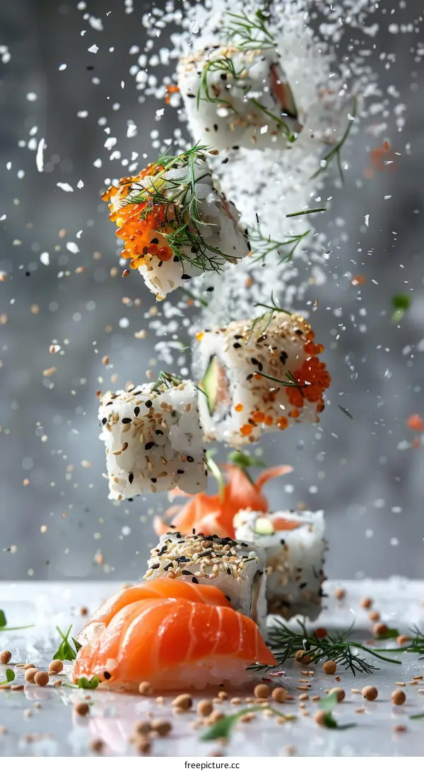 A variety of sushi pieces being arranged on a plate with chopsticks and wasabi paste