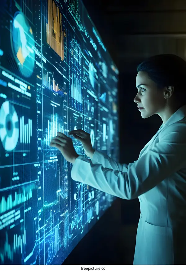 Woman Analyzing Data on Large Digital Screen