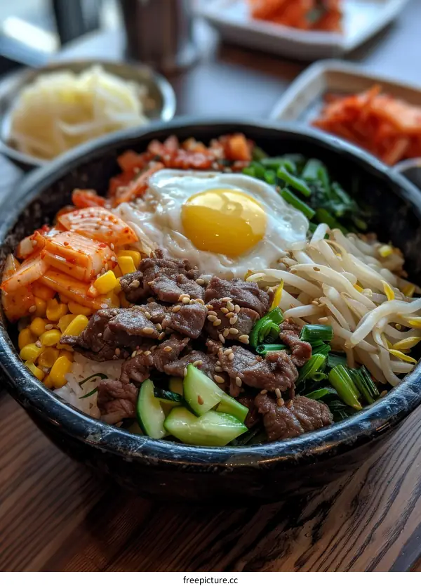 Korean food dolsot bibimbap with beef, egg, kimchi, and vegetables