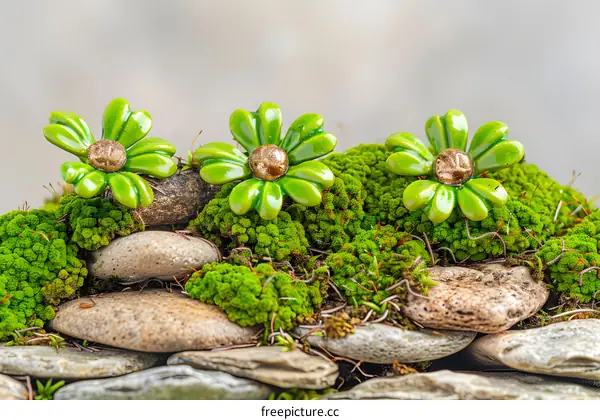 Green Flowers on Mossy Rocks