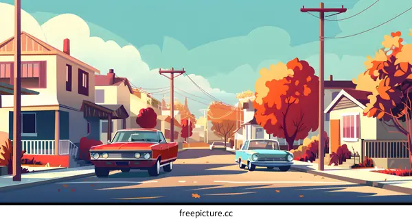 Autumn Day in a Quiet Suburb Street