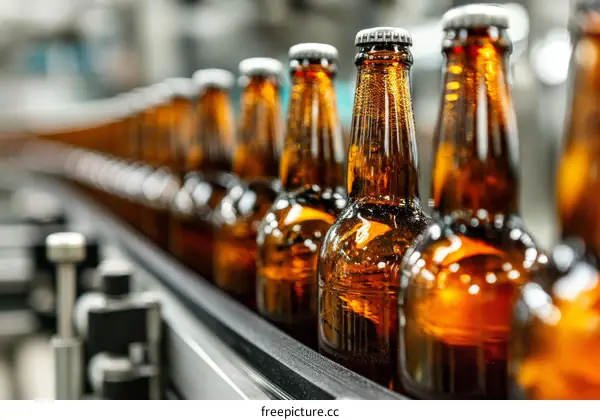 Beer Bottles on a Conveyor Belt at a Brewery