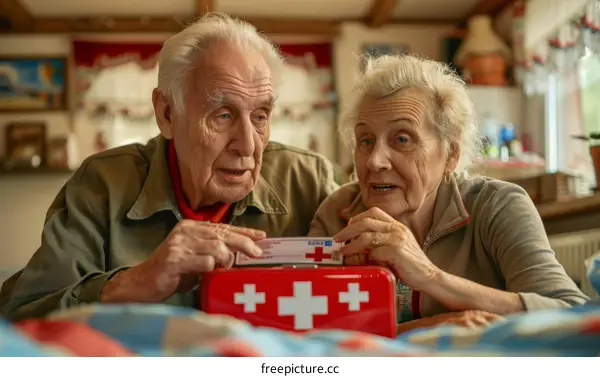 Two elderly people looking at a first aid kit