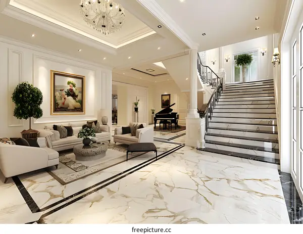 Luxury Interior Design with Marble Flooring and Grand Staircase