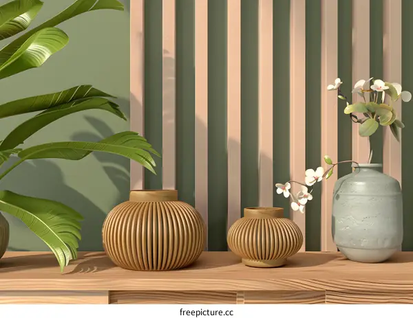 Wooden Vases and Flower Arrangement on a Wooden Table