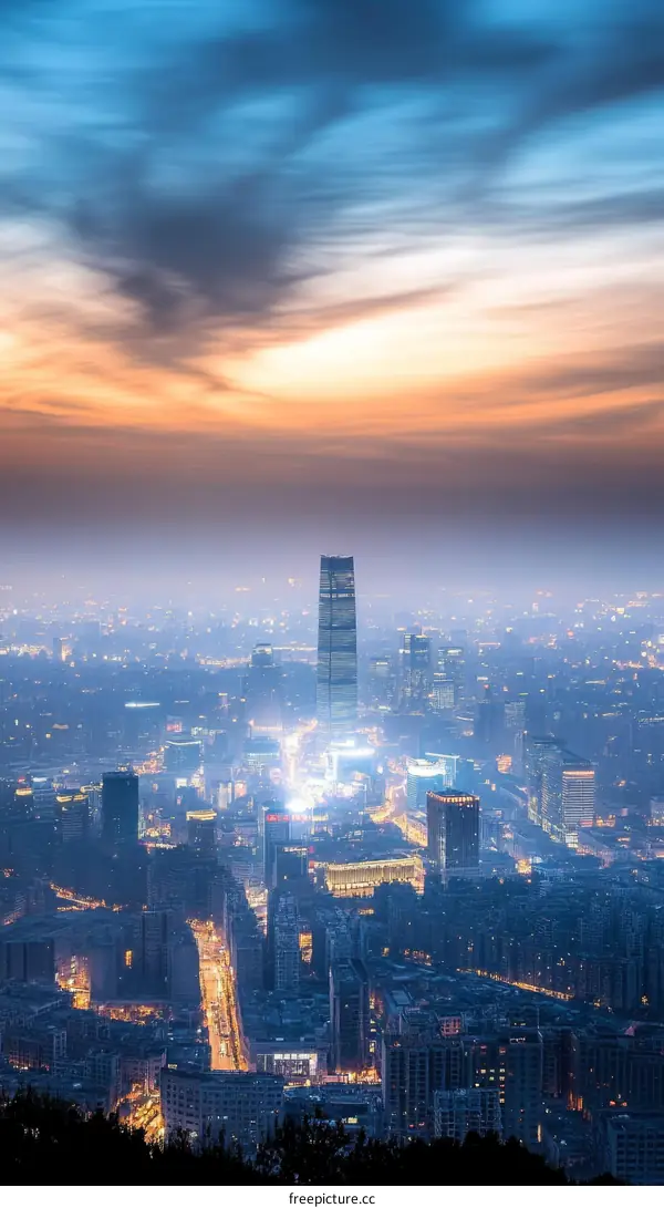 Night City Skyline at Dawn with Skyscrapers