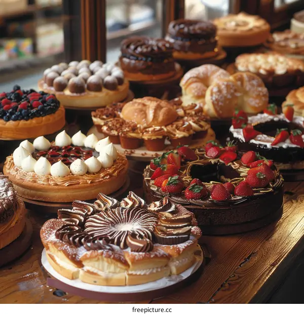 An assortment of cakes and pastries are displayed on wooden shelves in a bakery.