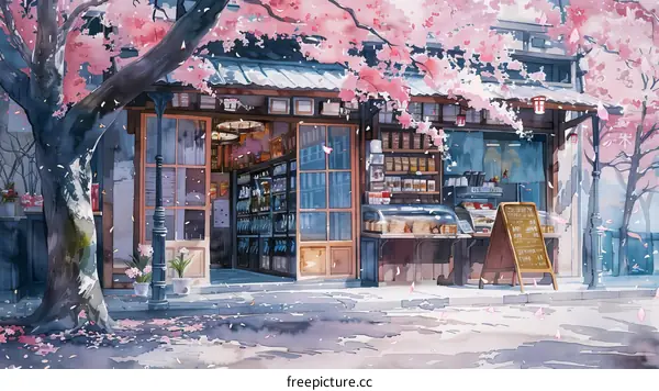 Japanese-style convenience store with pink cherry blossoms