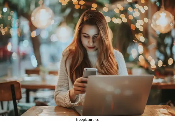 Young woman using laptop and mobile phone in a cafe