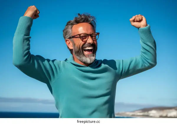Happy mature man celebrating success with arms raised