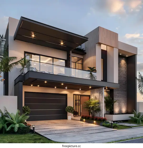 Modern House Exterior Design With Glass Balcony And Garage