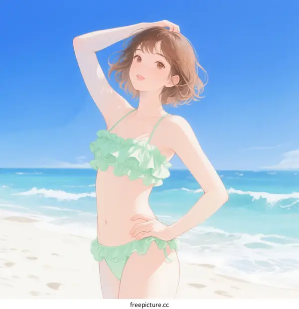 A Young Woman Wearing Green Bikini Standing on Beach