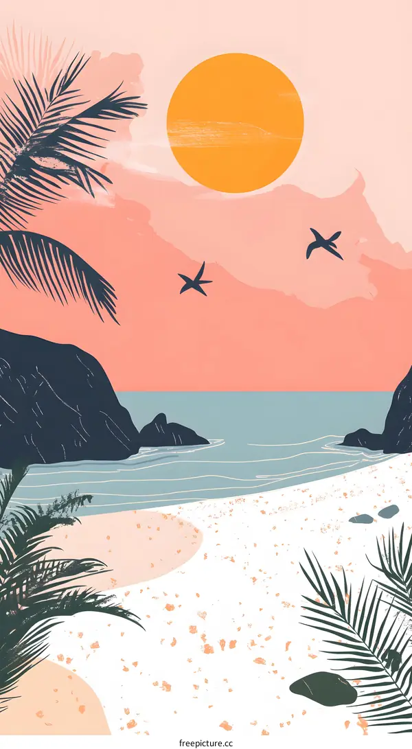 Tropical Sunset Beach Illustration