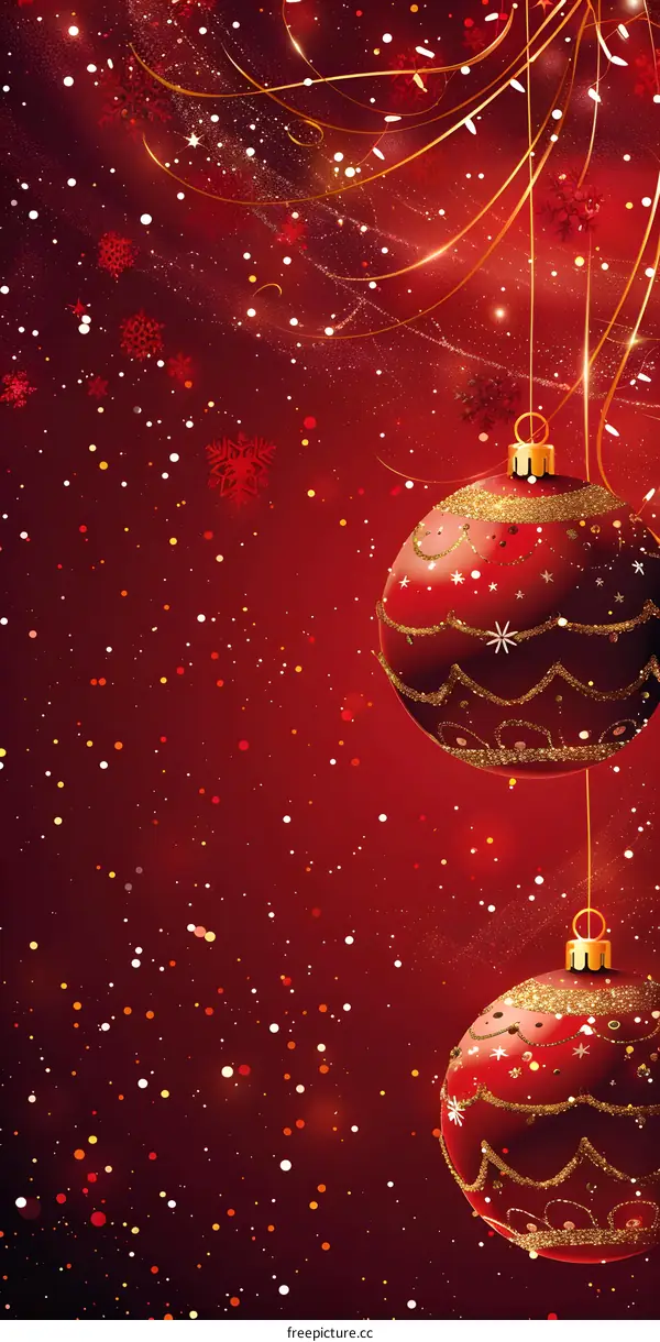 Christmas red background with hanging ornaments