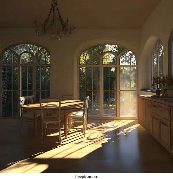 Sunlight Streaming Through Large Windows in a Modern Dining Room