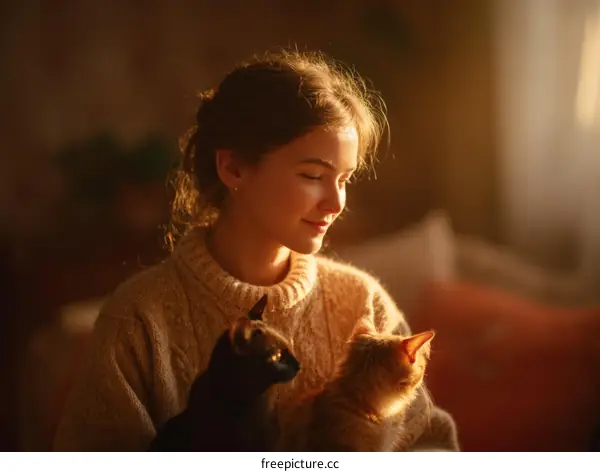 A young girl holding two cats in a warm indoor setting