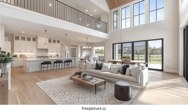 Spacious Farmhouse Living Room and Kitchen Design